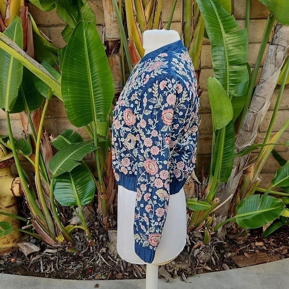 Needle & Thread Sundaze Floral Embroidered Denim Bomber Jacket 2 - Picture 4 of 13